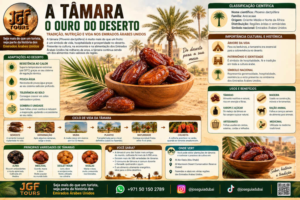 Infográfico educativo sobre tâmaras e tamareiras nos Emirados Árabes Unidos, destacando a importância cultural das tâmaras, variedades como Ajwa, Medjool, Deglet Nour e Khalas, cultivo no deserto, benefícios nutricionais e tradição beduína. Conteúdo da JGF Tours sobre cultura, gastronomia e patrimônio dos Emirados para turistas brasileiros em Dubai e Abu Dhabi.