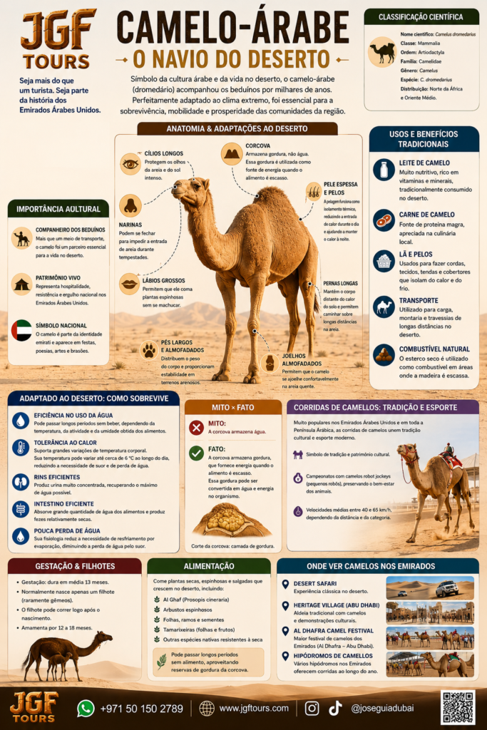 Infográfico educativo da JGF TOURS sobre o camelo-árabe (dromendário) nos Emirados Árabes Unidos, explicando anatomia e adaptações para sobreviver no deserto, importância histórica para os beduínos, usos tradicionais, conservação de água e corridas de camelos como patrimônio cultural emiradense.