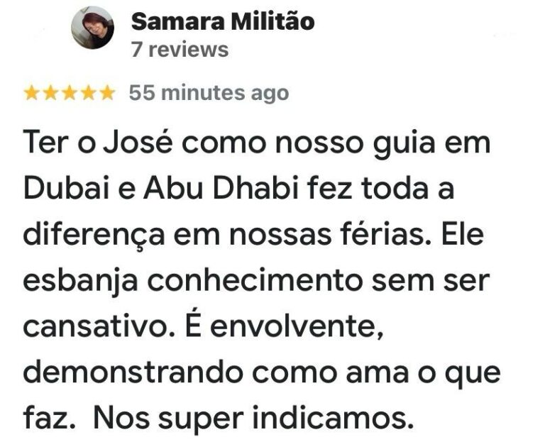 Captura de tela com feedback positivo de clientes da JGF TOURS após passeios por Dubai, Abu Dhabi e Sharjah. Os turistas elogiam a organização, o conforto, a pontualidade e o atendimento durante os tours pelos Emirados Árabes Unidos. A imagem transmite satisfação, confiança e experiência turística de qualidade.