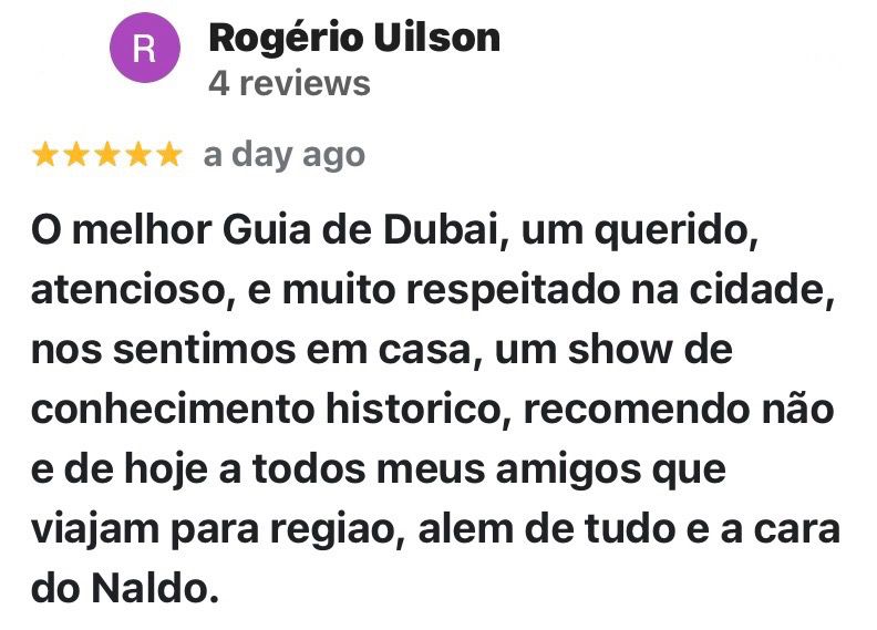 Captura de tela com feedback positivo de clientes da JGF TOURS após passeios por Dubai, Abu Dhabi e Sharjah. Os turistas elogiam a organização, o conforto, a pontualidade e o atendimento durante os tours pelos Emirados Árabes Unidos. A imagem transmite satisfação, confiança e experiência turística de qualidade.