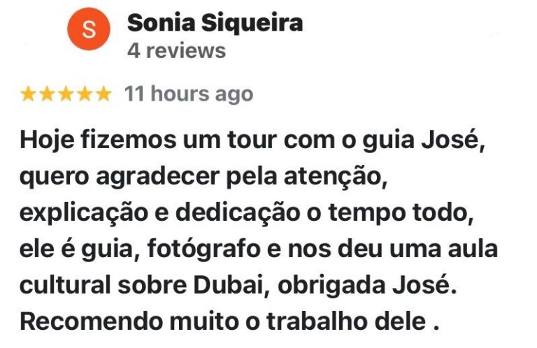 Captura de tela com feedback positivo de clientes da JGF TOURS após passeios por Dubai, Abu Dhabi e Sharjah. Os turistas elogiam a organização, o conforto, a pontualidade e o atendimento durante os tours pelos Emirados Árabes Unidos. A imagem transmite satisfação, confiança e experiência turística de qualidade.