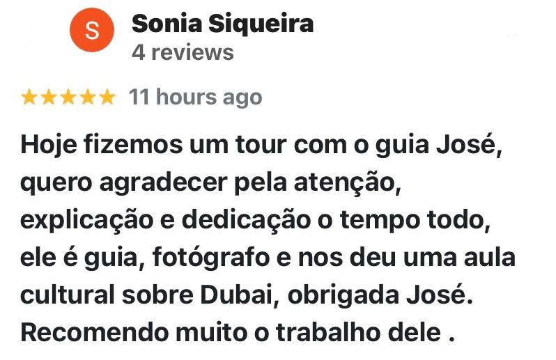 Captura de tela com feedback positivo de clientes da JGF TOURS após passeios por Dubai, Abu Dhabi e Sharjah. Os turistas elogiam a organização, o conforto, a pontualidade e o atendimento durante os tours pelos Emirados Árabes Unidos. A imagem transmite satisfação, confiança e experiência turística de qualidade.