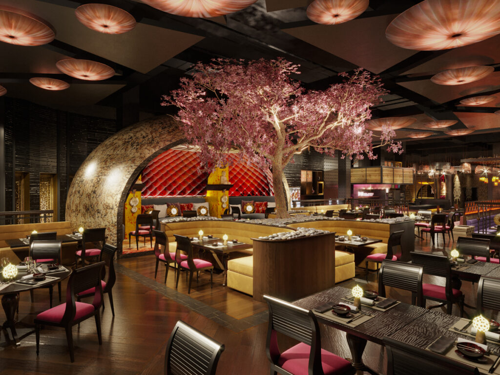 Foto panorâmica de um restaurante italiano luxuoso em Dubai, com salão elegante, mesas brancas impecavelmente montadas, iluminação suave, serviço refinado e ambiente exclusivo no coração financeiro da cidade. Atmosfera clássica, sofisticada e premium, ideal para turismo de luxo, jantares especiais e encontros de negócios nos Emirados Árabes Unidos.