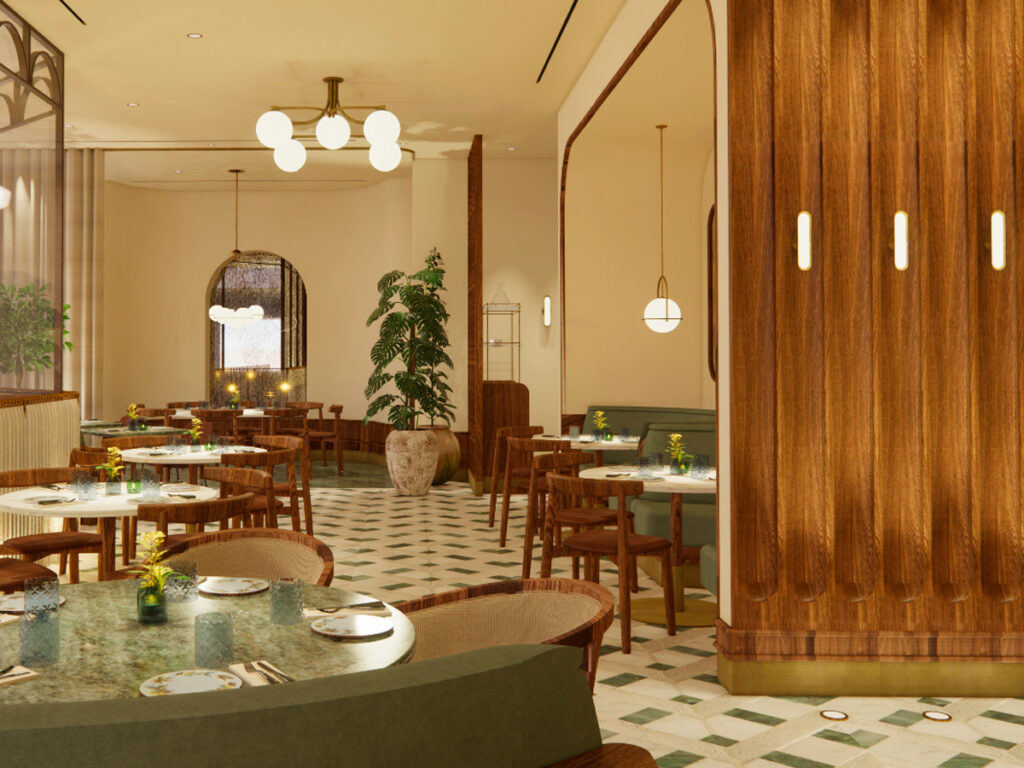 Foto panorâmica de um restaurante italiano luxuoso em Dubai, com salão elegante, mesas brancas impecavelmente montadas, iluminação suave, serviço refinado e ambiente exclusivo no coração financeiro da cidade. Atmosfera clássica, sofisticada e premium, ideal para turismo de luxo, jantares especiais e encontros de negócios nos Emirados Árabes Unidos.