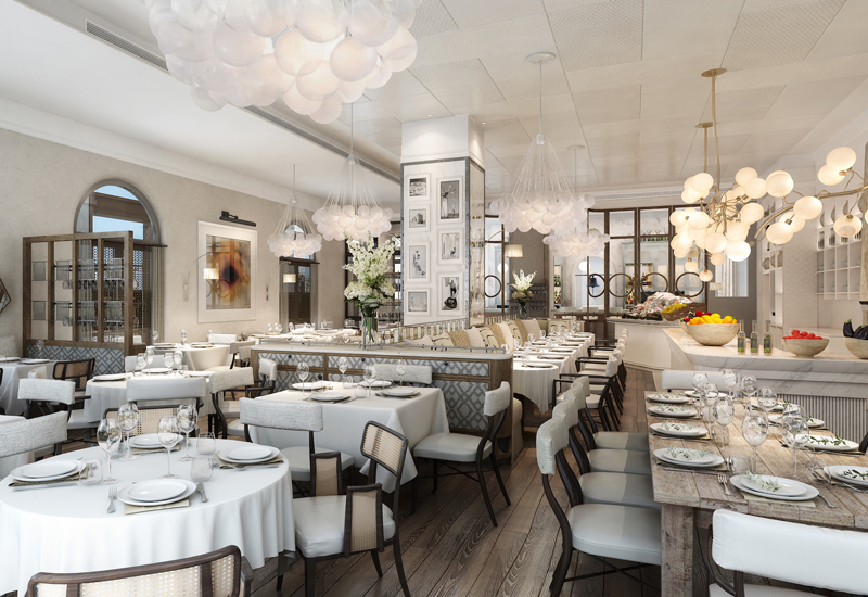 Foto panorâmica de um restaurante grego de luxo em Dubai, com decoração sofisticada em tons claros, frutos do mar frescos expostos, mesas elegantes e ambiente refinado no DIFC. Atmosfera exclusiva que transmite gastronomia mediterrânea premium, luxo e sofisticação internacional.
