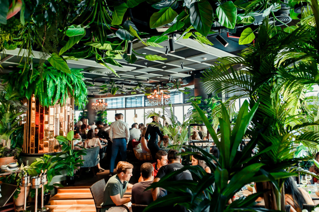 Foto panorâmica de um restaurante luxuoso em Dubai com decoração inspirada na floresta tropical, plantas exuberantes, iluminação quente, mesas sofisticadas, drinks coloridos e vista para a Dubai Marina ao fundo. Ambiente vibrante, exclusivo e perfeito para fotos, vídeos e turismo gastronômico premium.