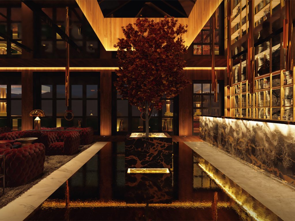 Foto panorâmica de um restaurante italiano luxuoso em Dubai, com salão elegante, mesas brancas impecavelmente montadas, iluminação suave, serviço refinado e ambiente exclusivo no coração financeiro da cidade. Atmosfera clássica, sofisticada e premium, ideal para turismo de luxo, jantares especiais e encontros de negócios nos Emirados Árabes Unidos.