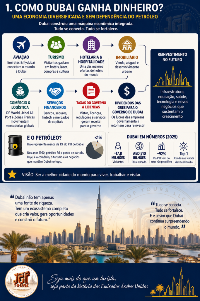 Infográfico da JGF Tours sobre como Dubai ganha dinheiro, explicando a economia diversificada do emirado, com aviação, turismo, hotelaria, mercado imobiliário, comércio e logística, serviços financeiros, taxas governamentais e dividendos de empresas ligadas ao Governo de Dubai, além da baixa participação do petróleo na economia.