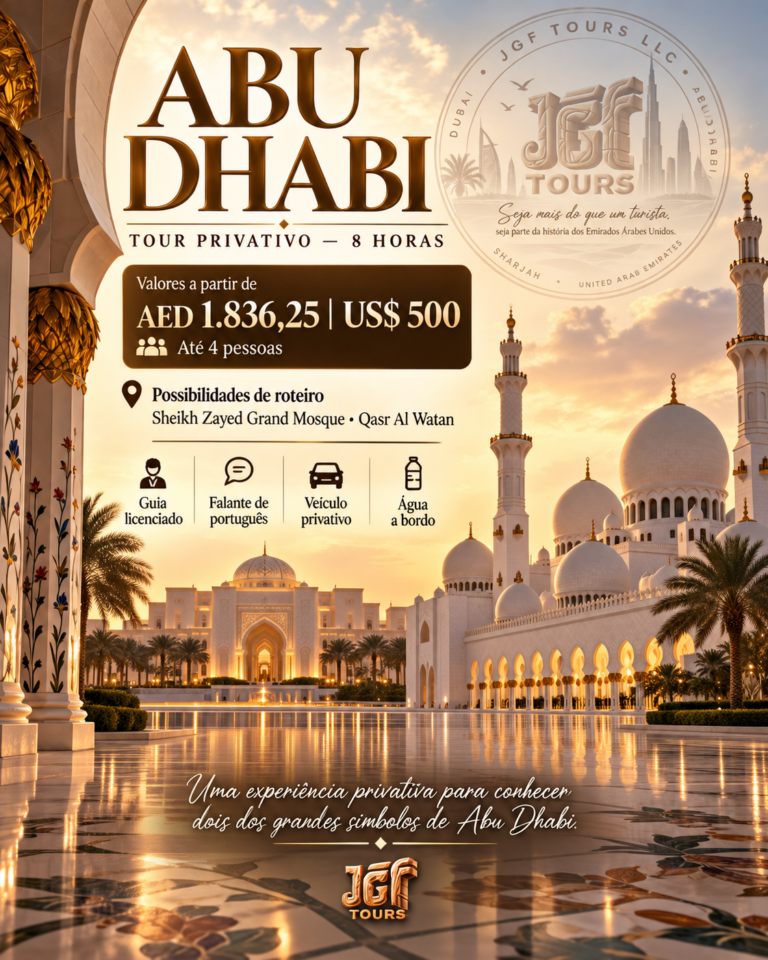 Tour privativo de 8 horas em Abu Dhabi com guia em português da JGF TOURS, com visita à Sheikh Zayed Grand Mosque e ao palácio presidencial Qasr Al Watan.