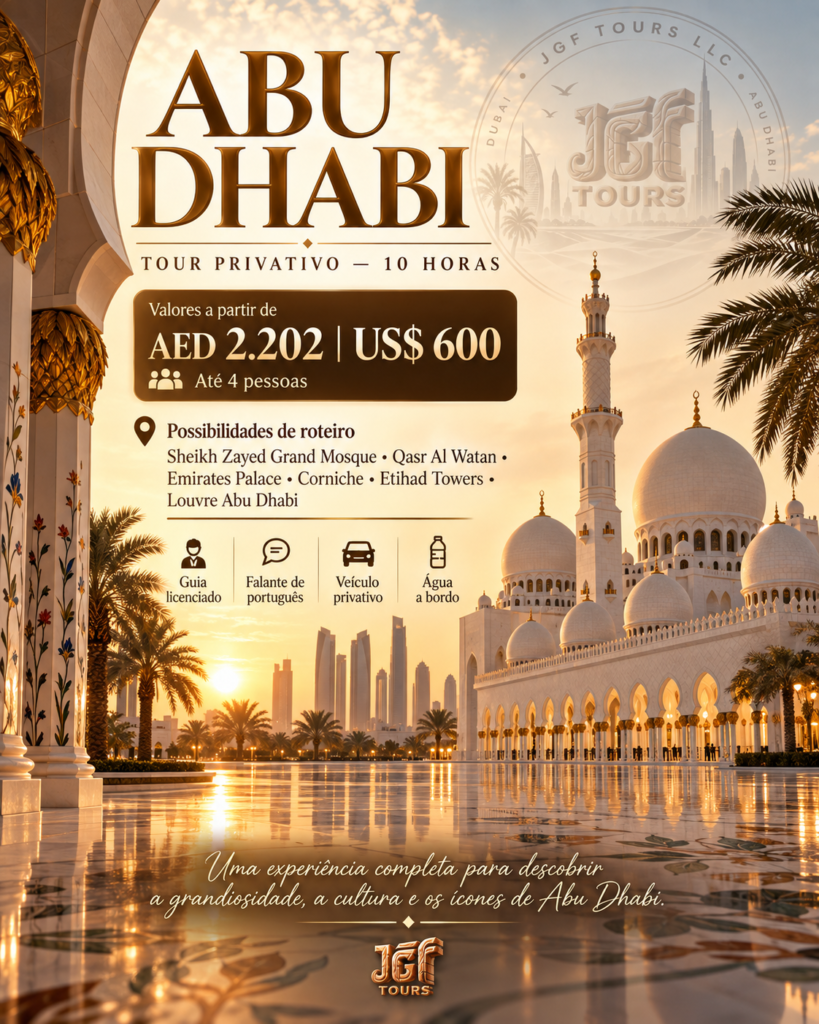 Tour privativo de 10 horas em Abu Dhabi com guia em português da JGF TOURS, passando pela Sheikh Zayed Grand Mosque, Qasr Al Watan, Emirates Palace e Corniche.