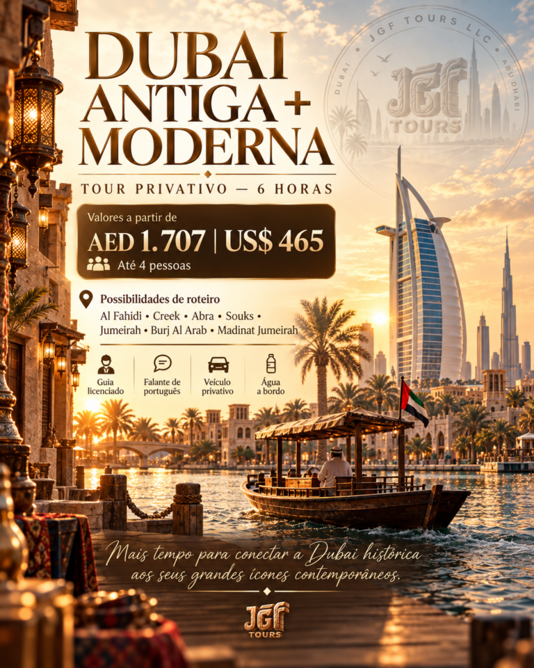 Tour privativo de 4 horas pela Dubai Moderna com guia em português da JGF TOURS, com roteiro personalizado por Madinat Jumeirah, Burj Al Arab, Palm Jumeirah e Dubai Marina.