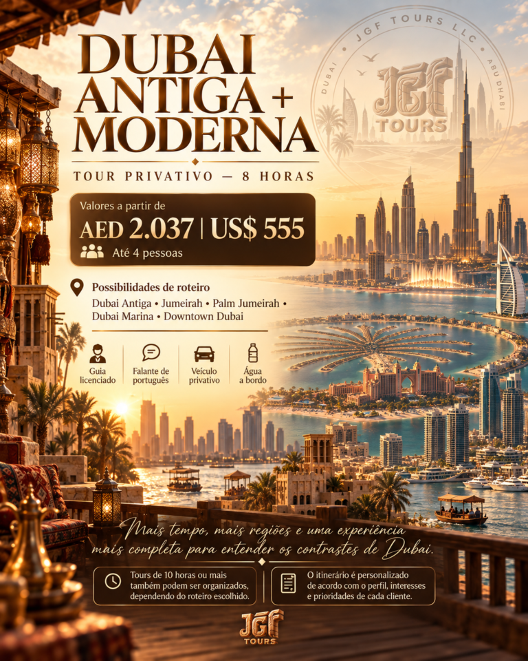 Tour privativo de 4 horas pela Dubai Antiga com guia em português da JGF TOURS, passando por Al Fahidi, Dubai Creek, passeio de abra e souks tradicionais de Dubai.