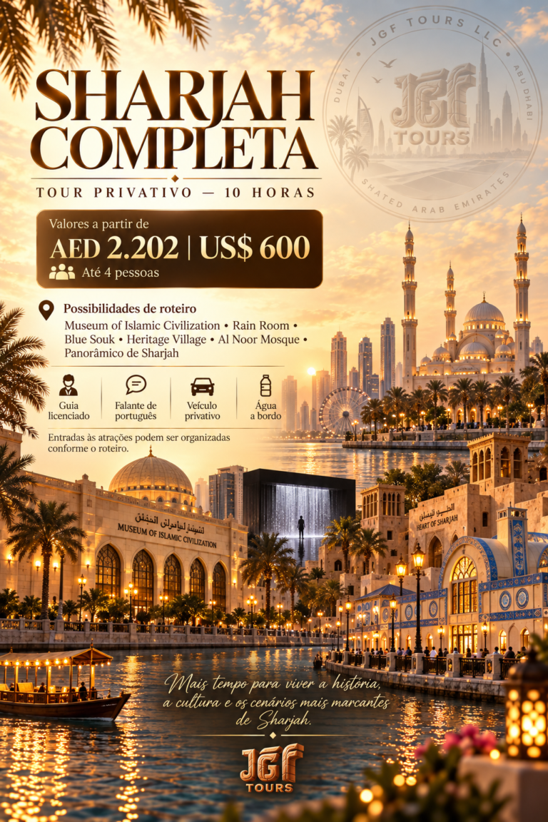 Tour privativo de 8 horas em Sharjah com guia em português da JGF TOURS, incluindo possibilidades como Rain Room, Museum of Islamic Civilization, Blue Souk, Heritage Village e Al Qasba.Tour privativo completo de 10 horas em Sharjah com guia em português da JGF TOURS, combinando Rain Room, Museum of Islamic Civilization, Blue Souk, Heritage Village, Al Noor Mosque e pontos panorâmicos da cidade.